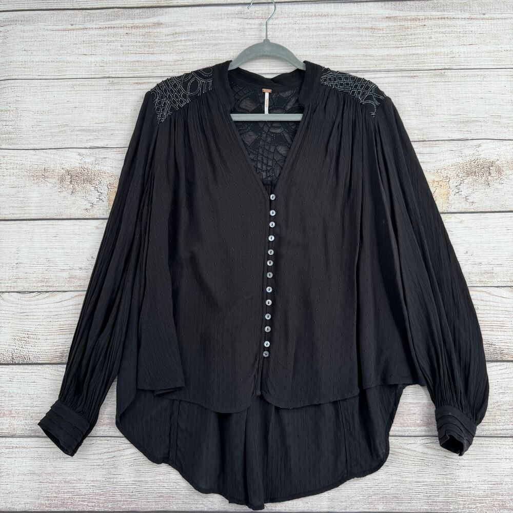 Free People Button Front Embroidered Blouse Womens Small Black Silver